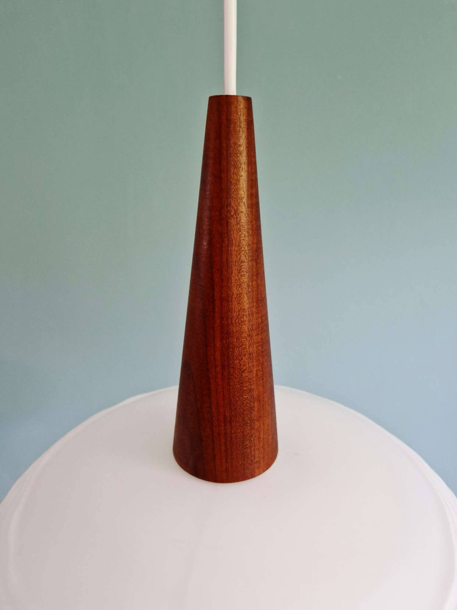 White opaline and teak pendant light, Scandinavian style, 1960s