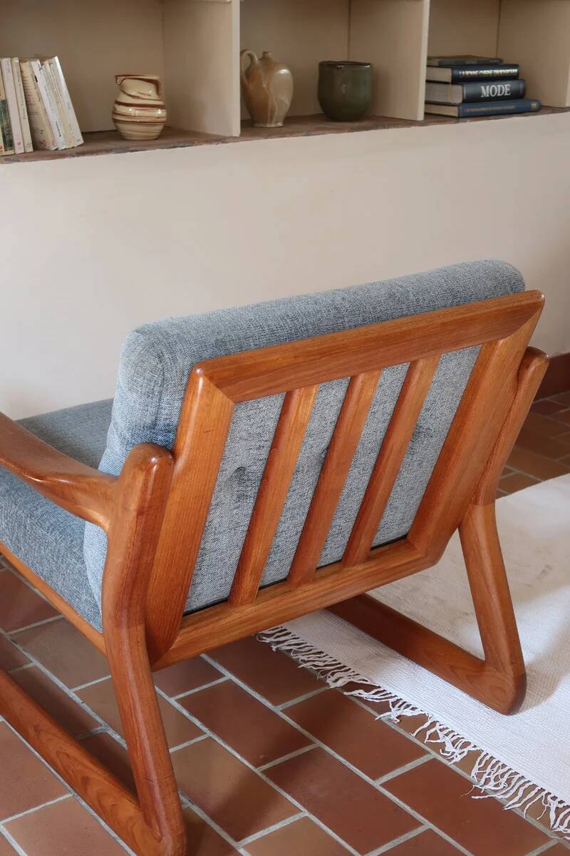 Scandinavian armchair in teak Komfor, blue-grey fabric, 1960s, sled base (2 available)