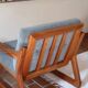 Scandinavian armchair in teak Komfor, blue-grey fabric, 1960s, sled base (2 available)