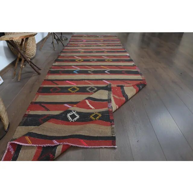 1970s Turkish Oushak Handmade  Red Brown Kilim Runner Rug 108x350