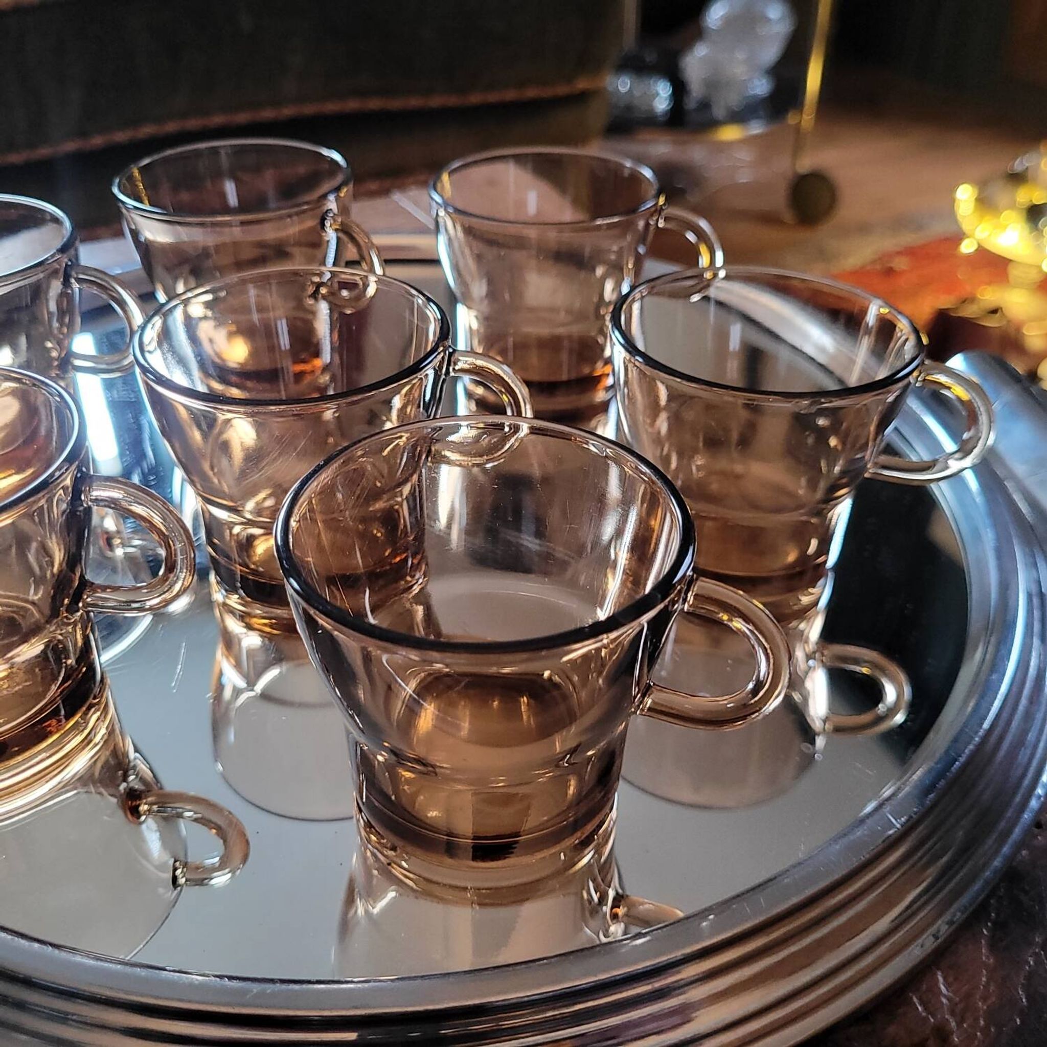 Set of 7 vintage smoked glass coffee cups - 1970s-80s