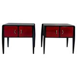 Italian Art Deco Cherry Red Parchment and Black Nightstands, 1950s