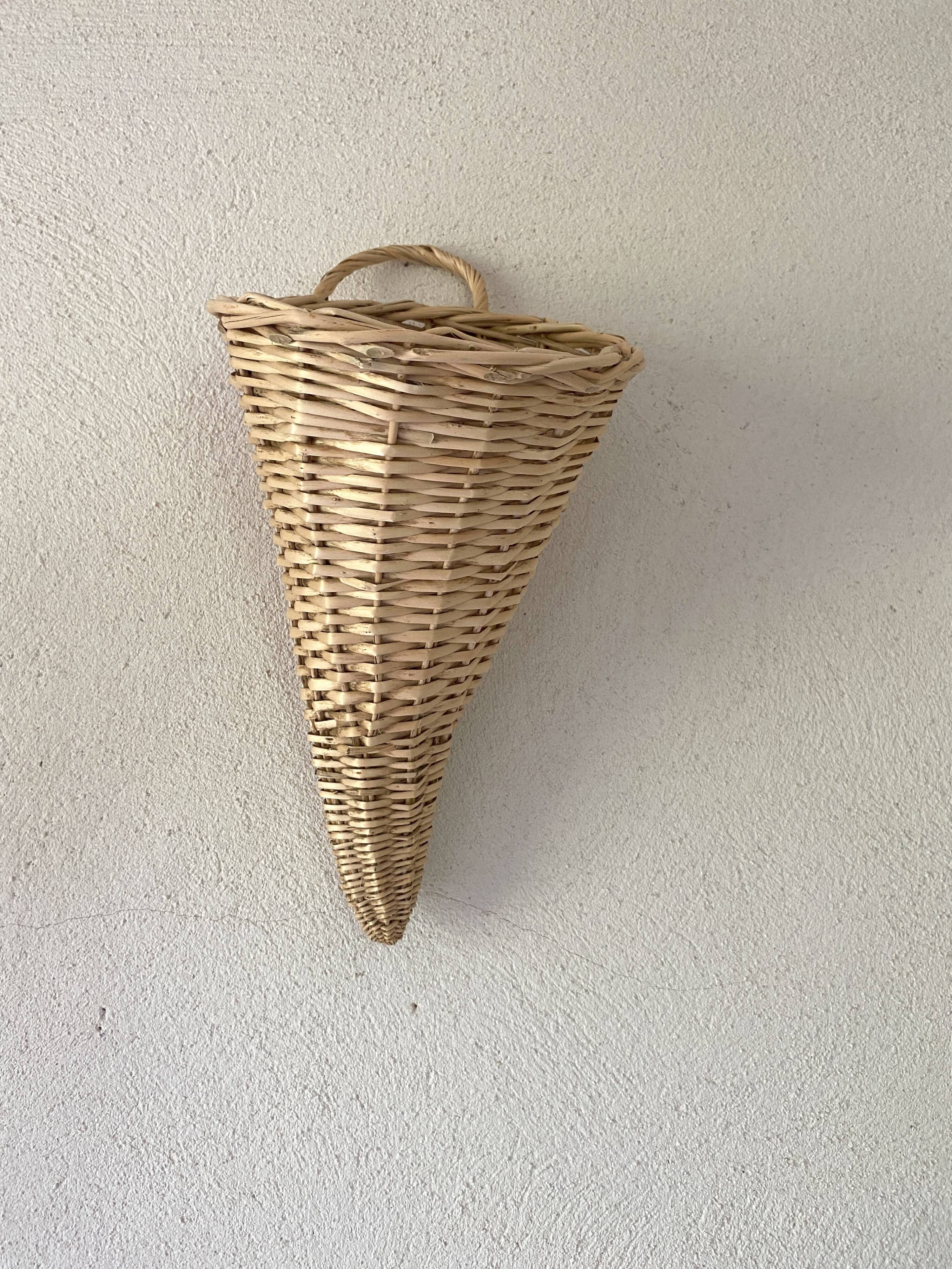 Hanging basket, woven wicker cornucopia