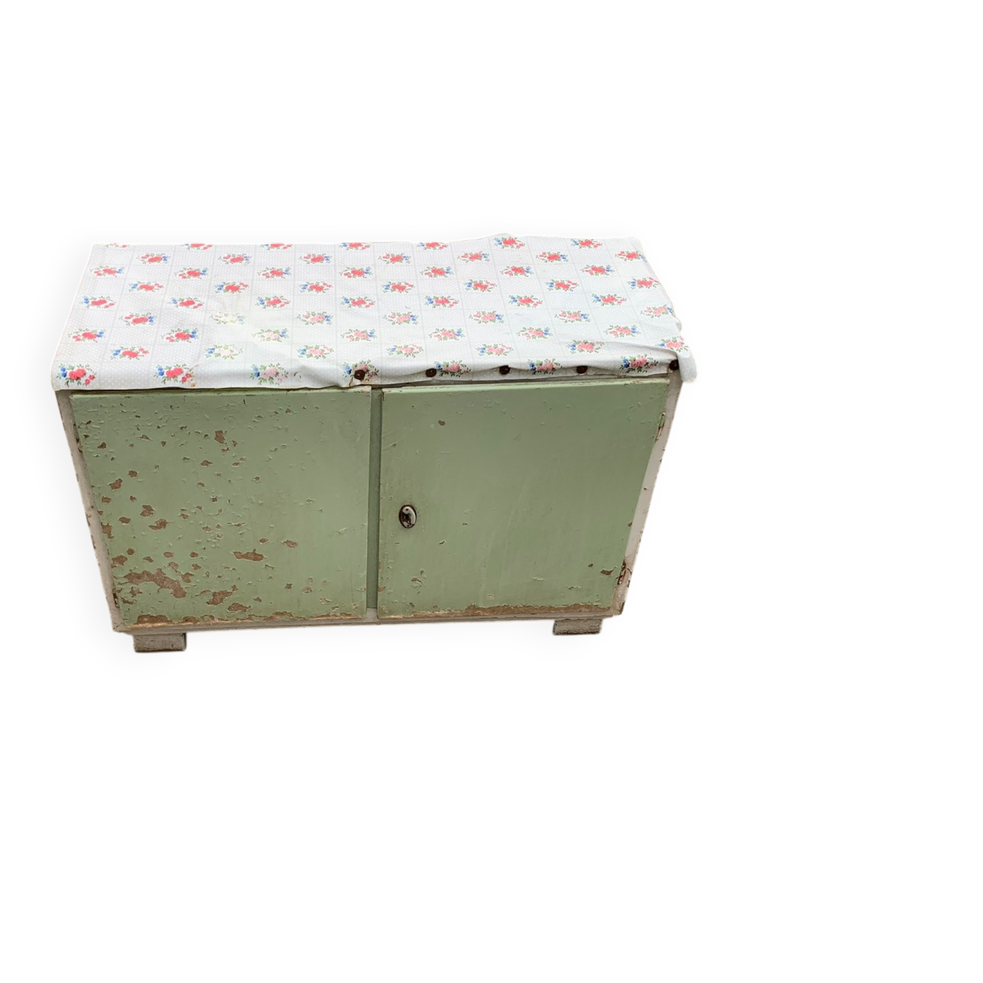 Vintage low wooden cabinet painted green and white with a floral fabric top (1950s)