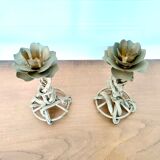 Pair candlestick palm wood and gilded metal