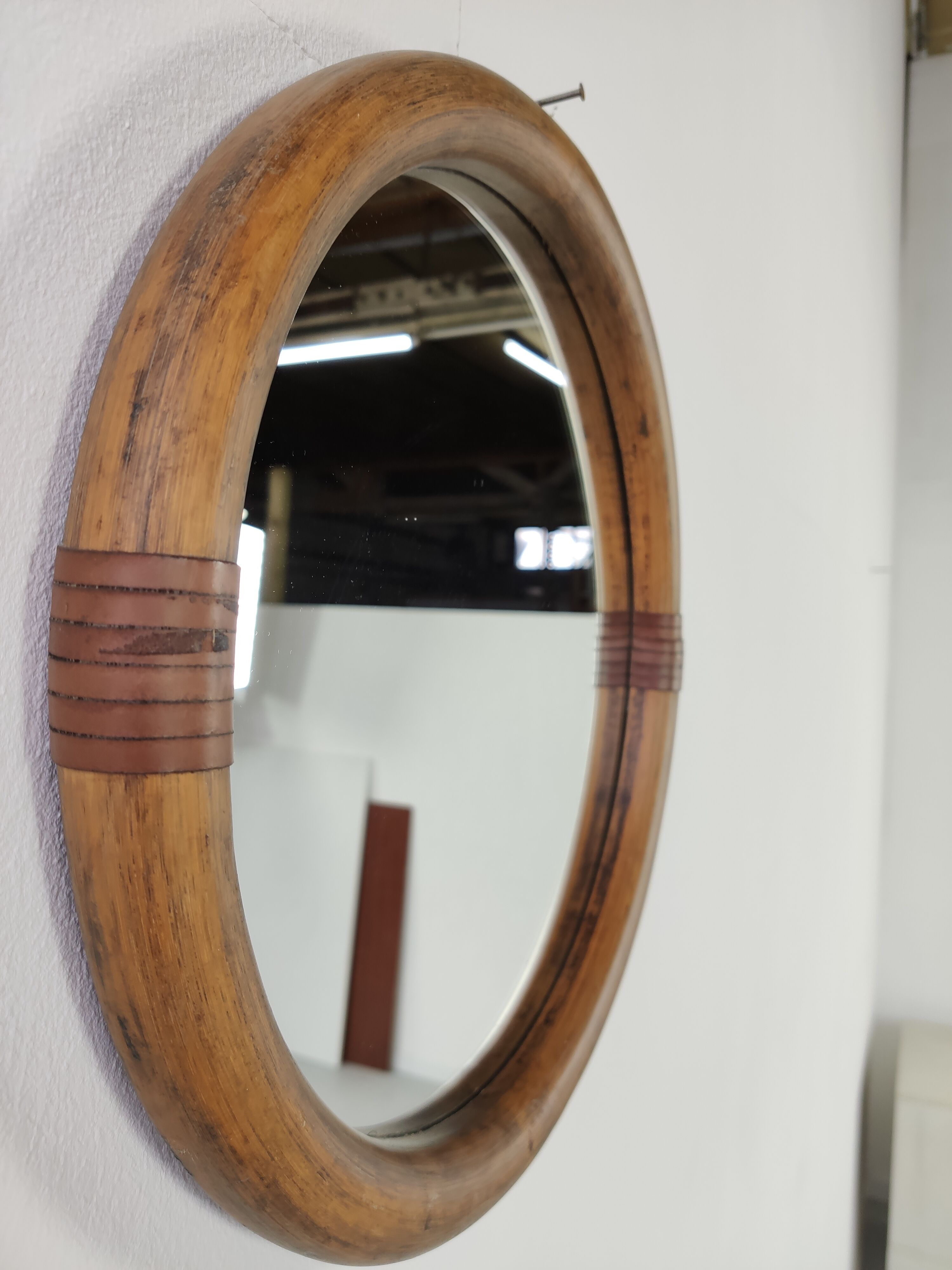 Miroir rond vintage rotin
