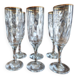 Set of 6 vintage champagne flutes with scrolled drinking rim and gold trim