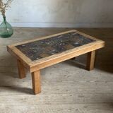 Brutalist coffee table in solid oak and marble from the 70s