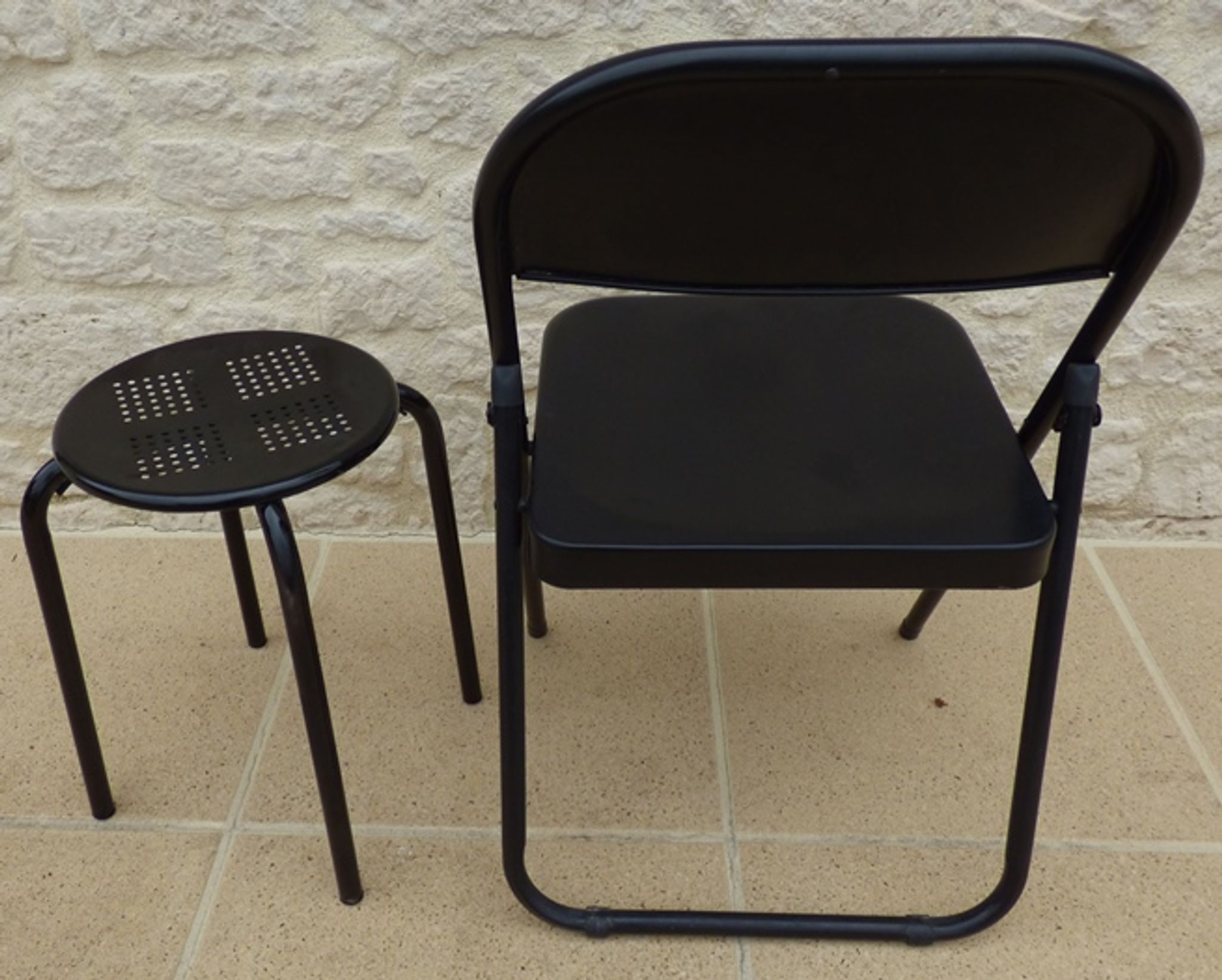 Black metal chair and stool set