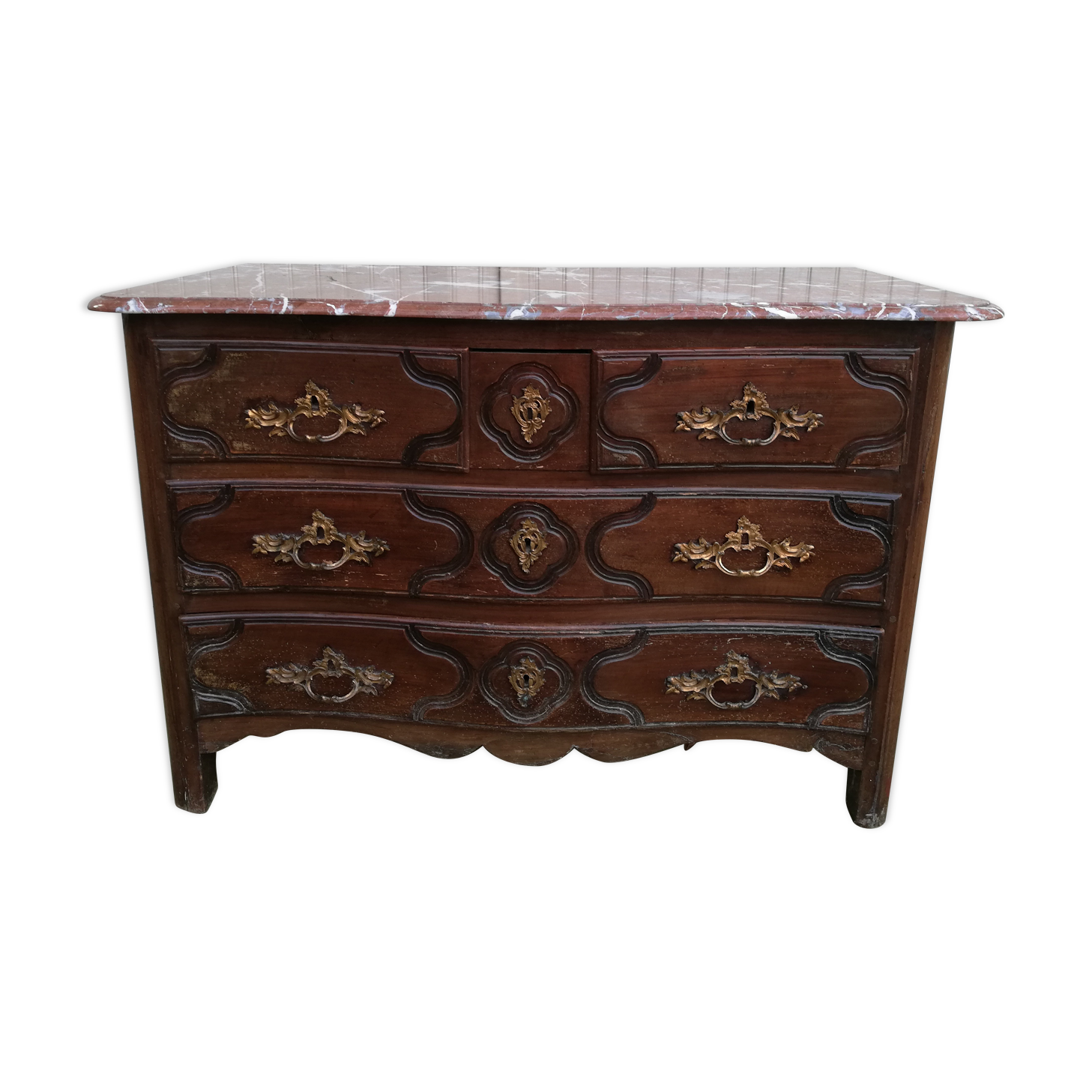 Louis XVI style curved chest of drawers, wooden structure and marble top