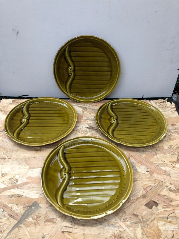 Lot plat + 4 anciennes assiettes asperges gien céramique verte vintage