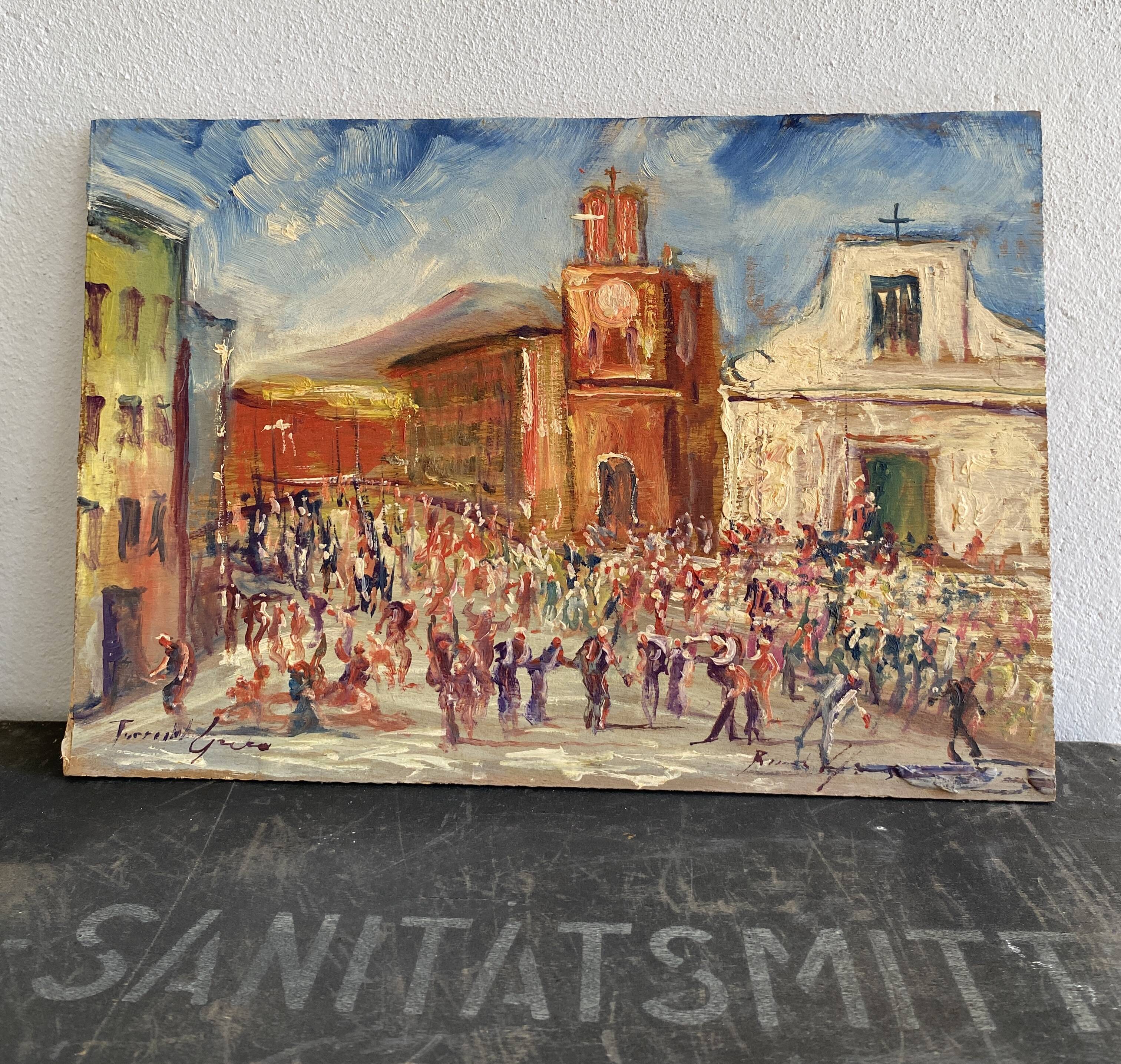 Oil on wood, “village festival”, Italy, 1960s