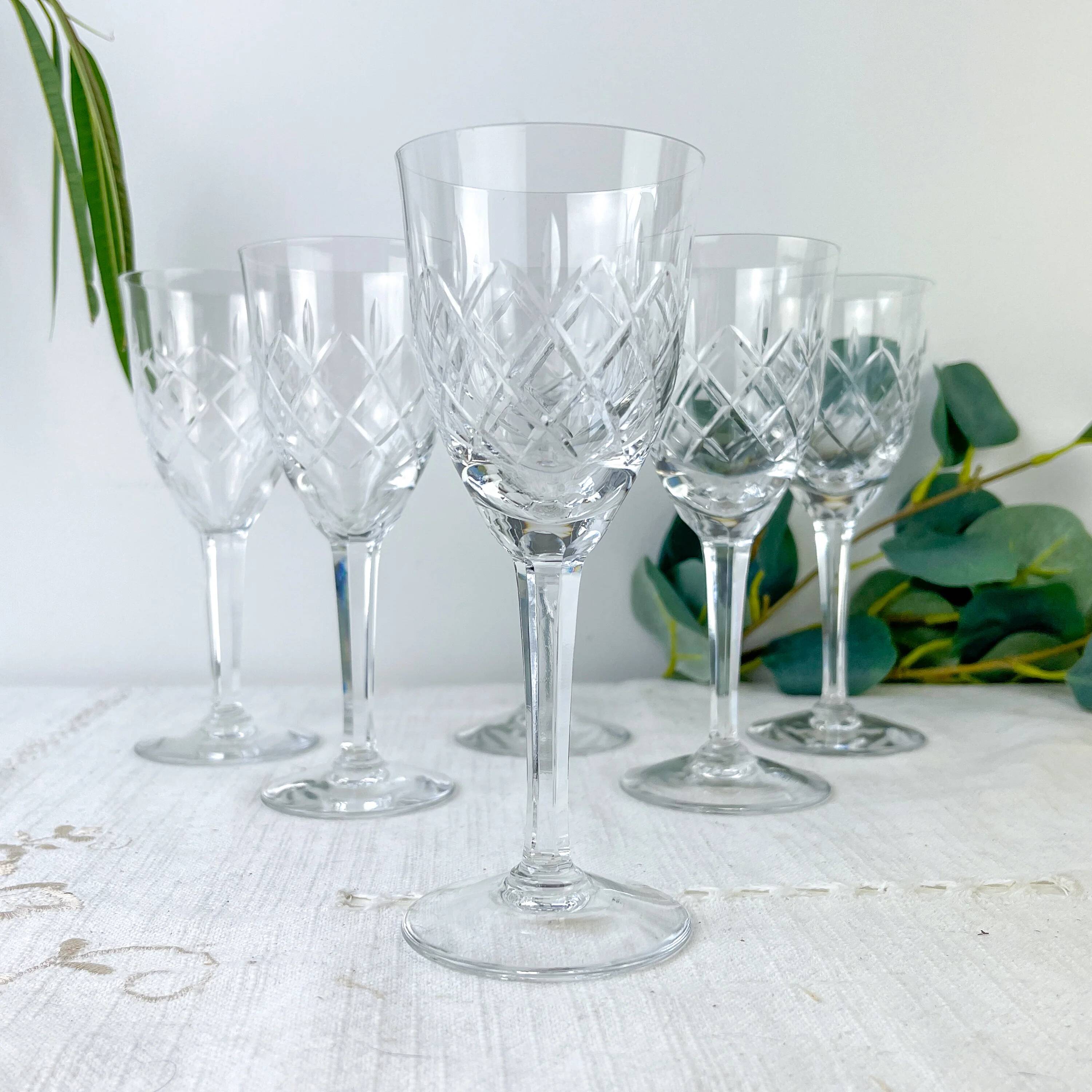 6 vintage cut crystal water glasses – Lorraine Lemberg Glassworks with original label (1950s–1970s)
