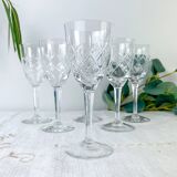 6 vintage cut crystal water glasses – Lorraine Lemberg Glassworks with original label (1950s–1970s)