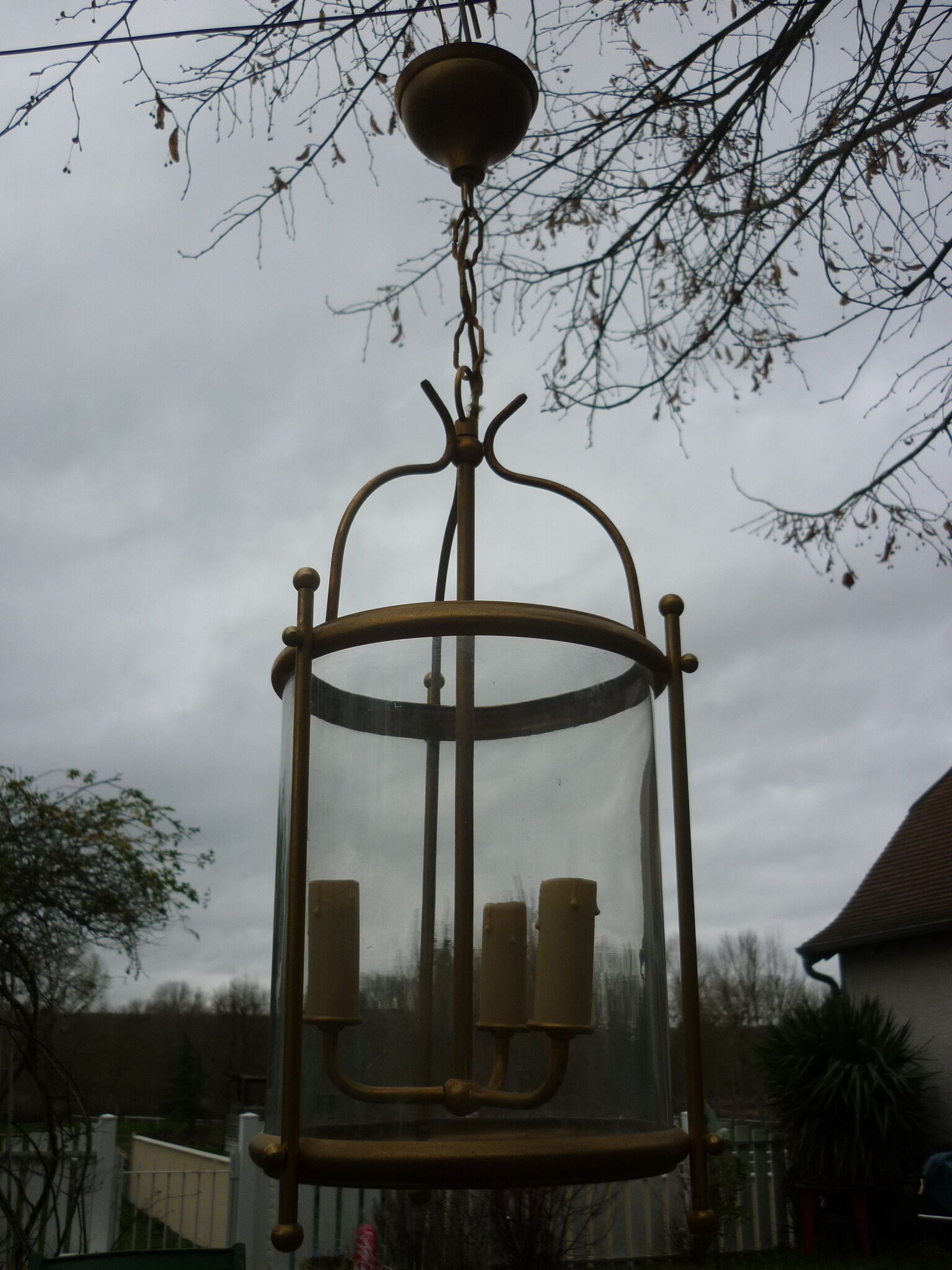Glass lantern and gilded brass, antique pendant lamp