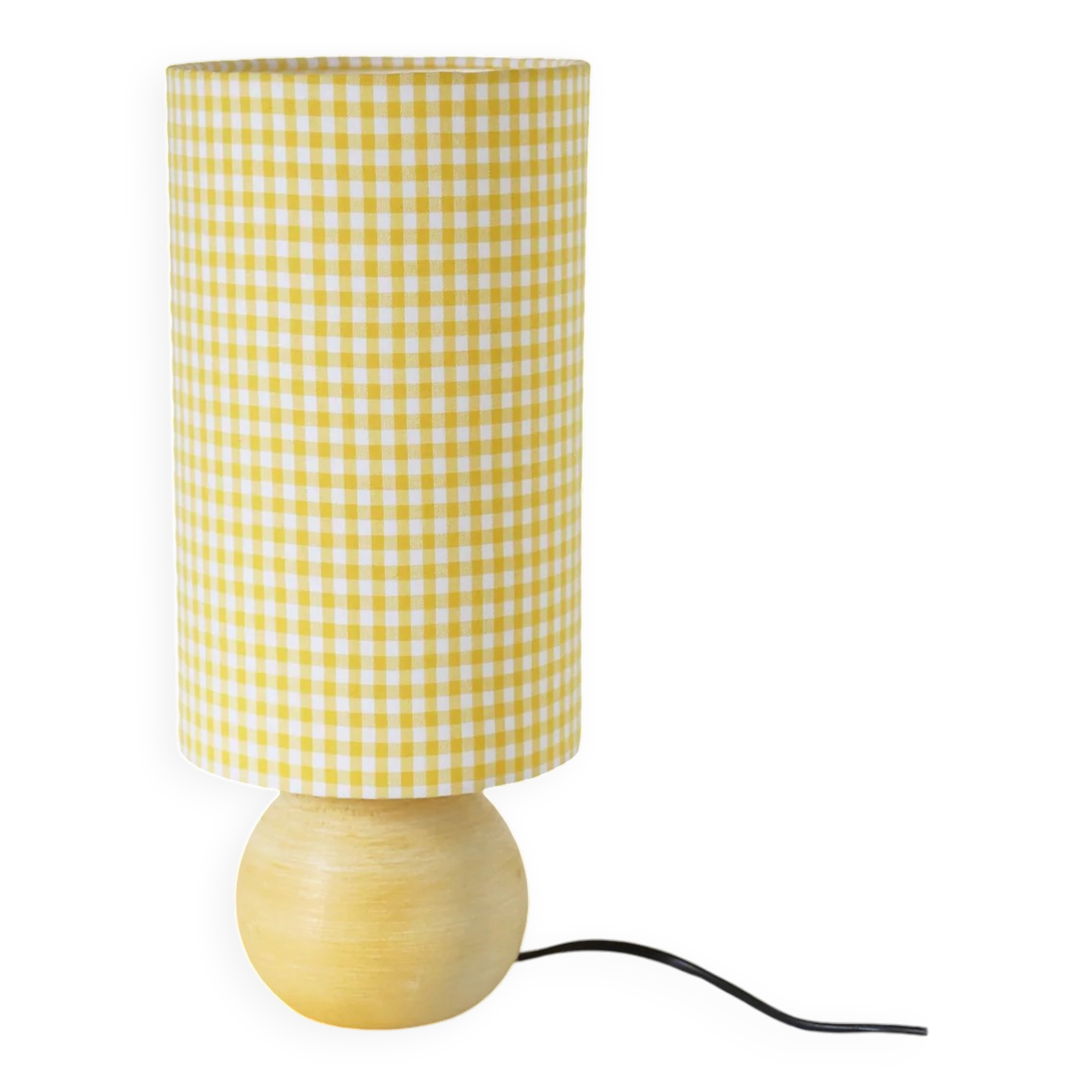 Vintage table lamp – Turned wood and yellow Vichy
