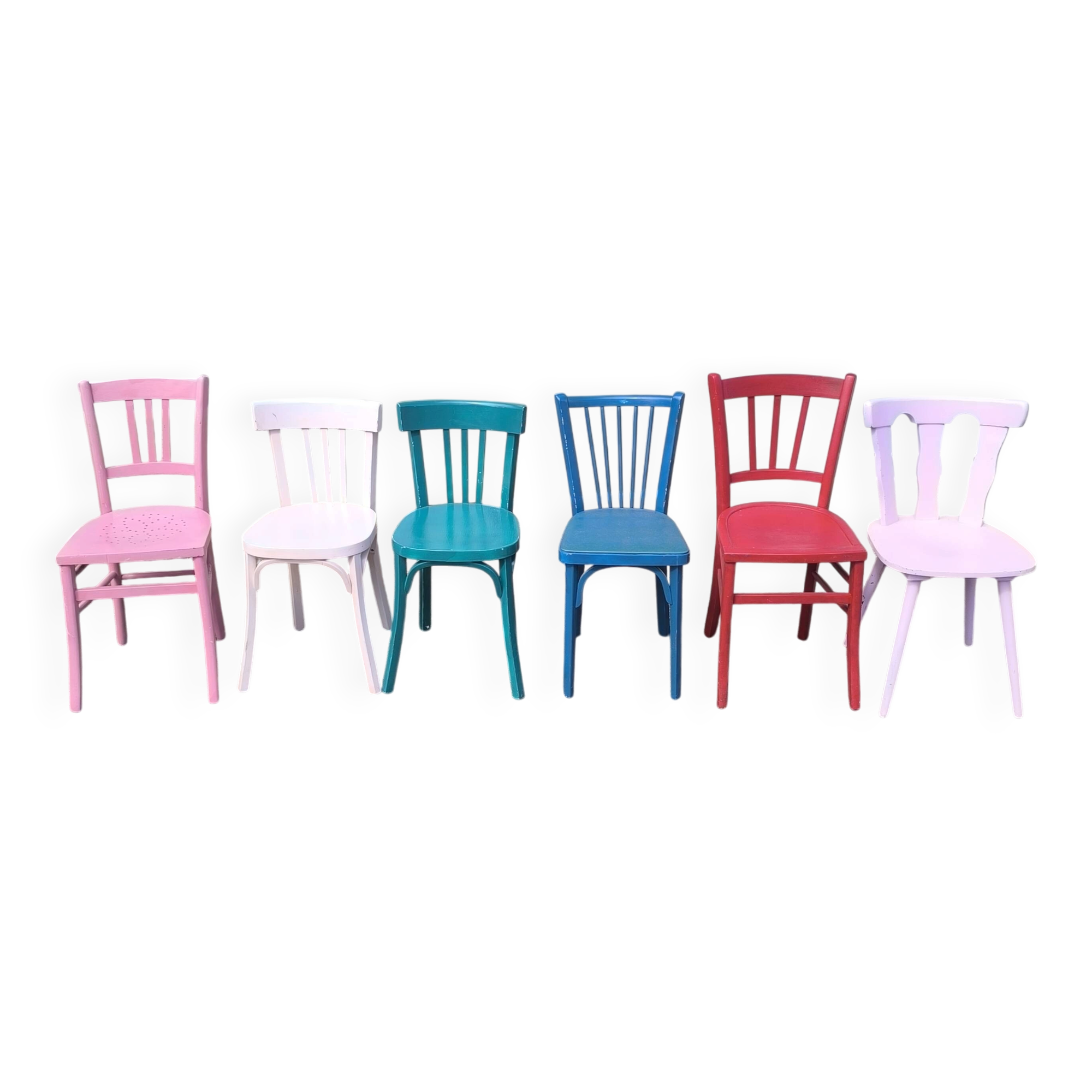 Set of 6 mismatched vintage bistro wooden chairs.