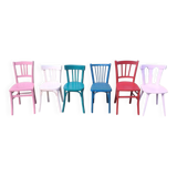 Set of 6 mismatched vintage bistro wooden chairs.