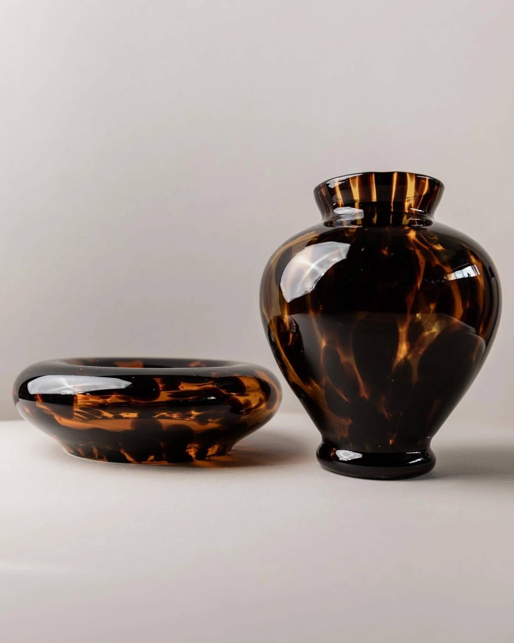 Vintage Murano Glass Vase and Bowl in Tortoise Shell Optic - Amber-Brown Glass Art