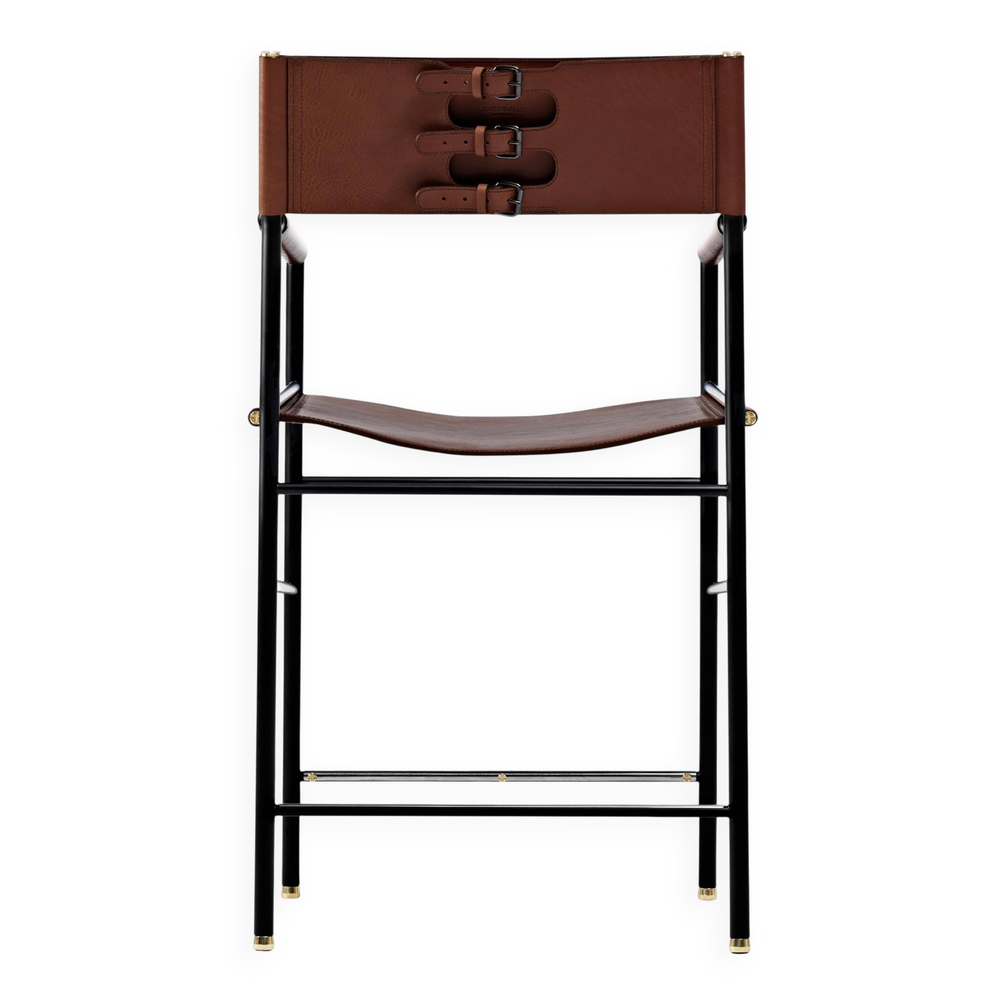 Contemporary classic bar stool with a dark brown leather backrest and black metal.