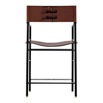 Contemporary classic bar stool with a dark brown leather backrest and black metal.