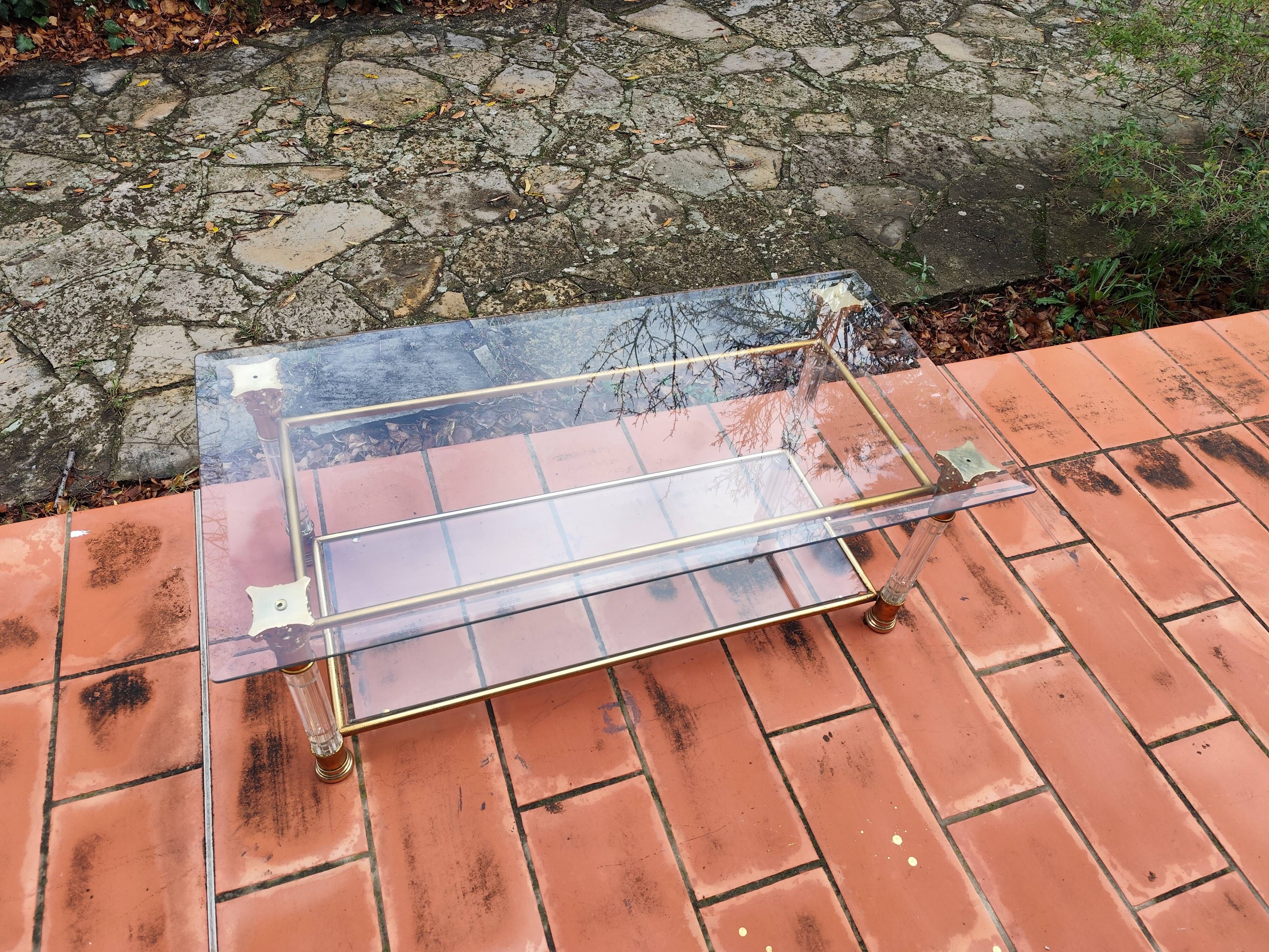 Rectangular coffee table in glass, brass and plexiglass Italy Hollywood Re