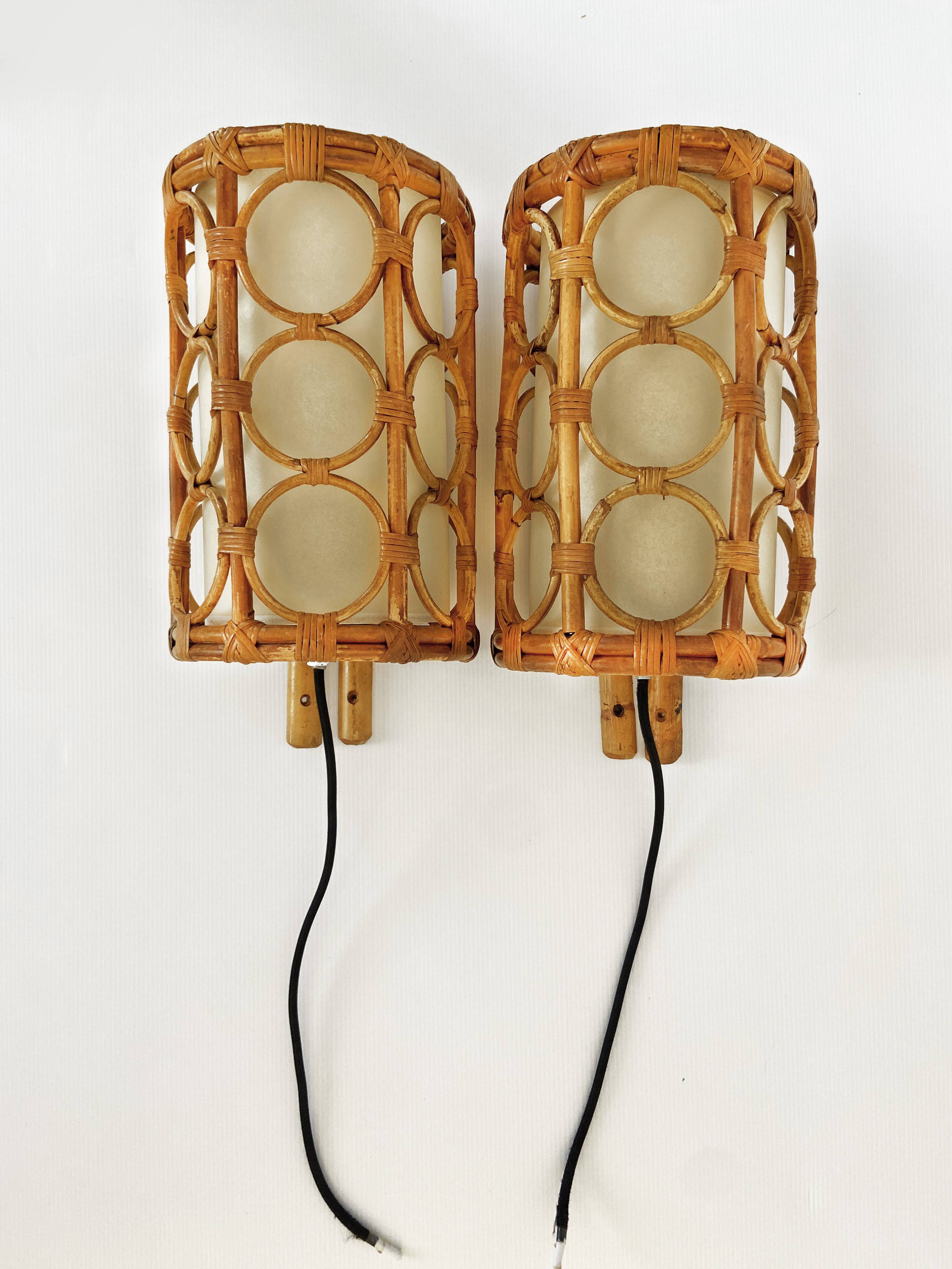 Mid-Century Rattan Wall Sconces — Louis Sognot Style
