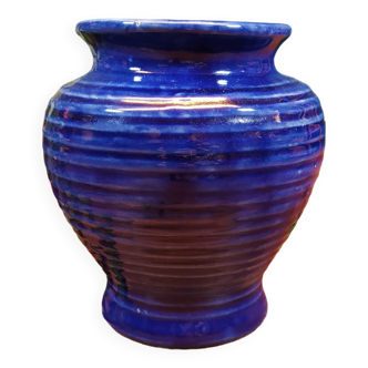Small Striated Blue Ceramic Vase