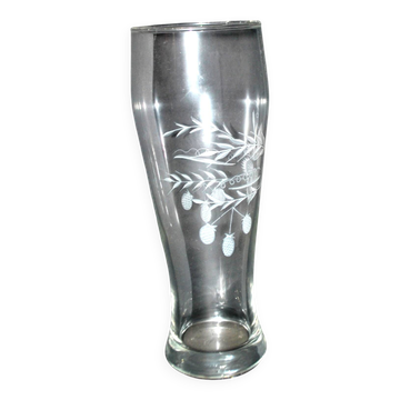 Grand verre à bière vintage en verre émaillé fleurs de houblon H22cm