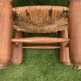 Pair of antique low fire chairs made of wood and straw