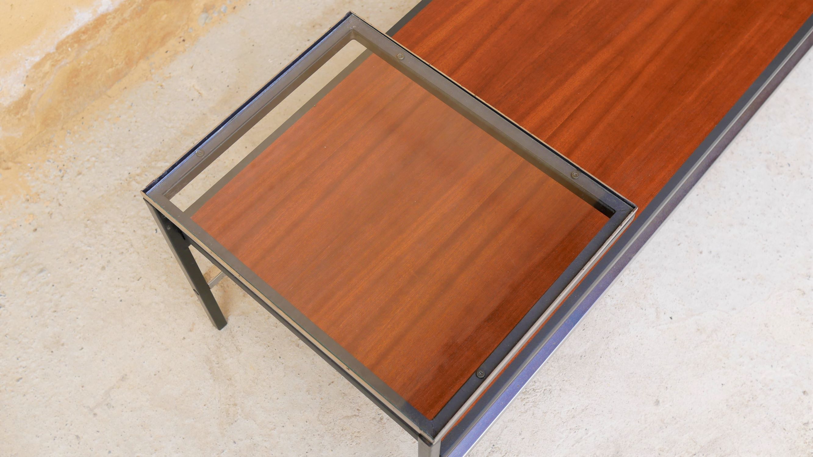 Modernist coffee table vintage wood, metal and glass