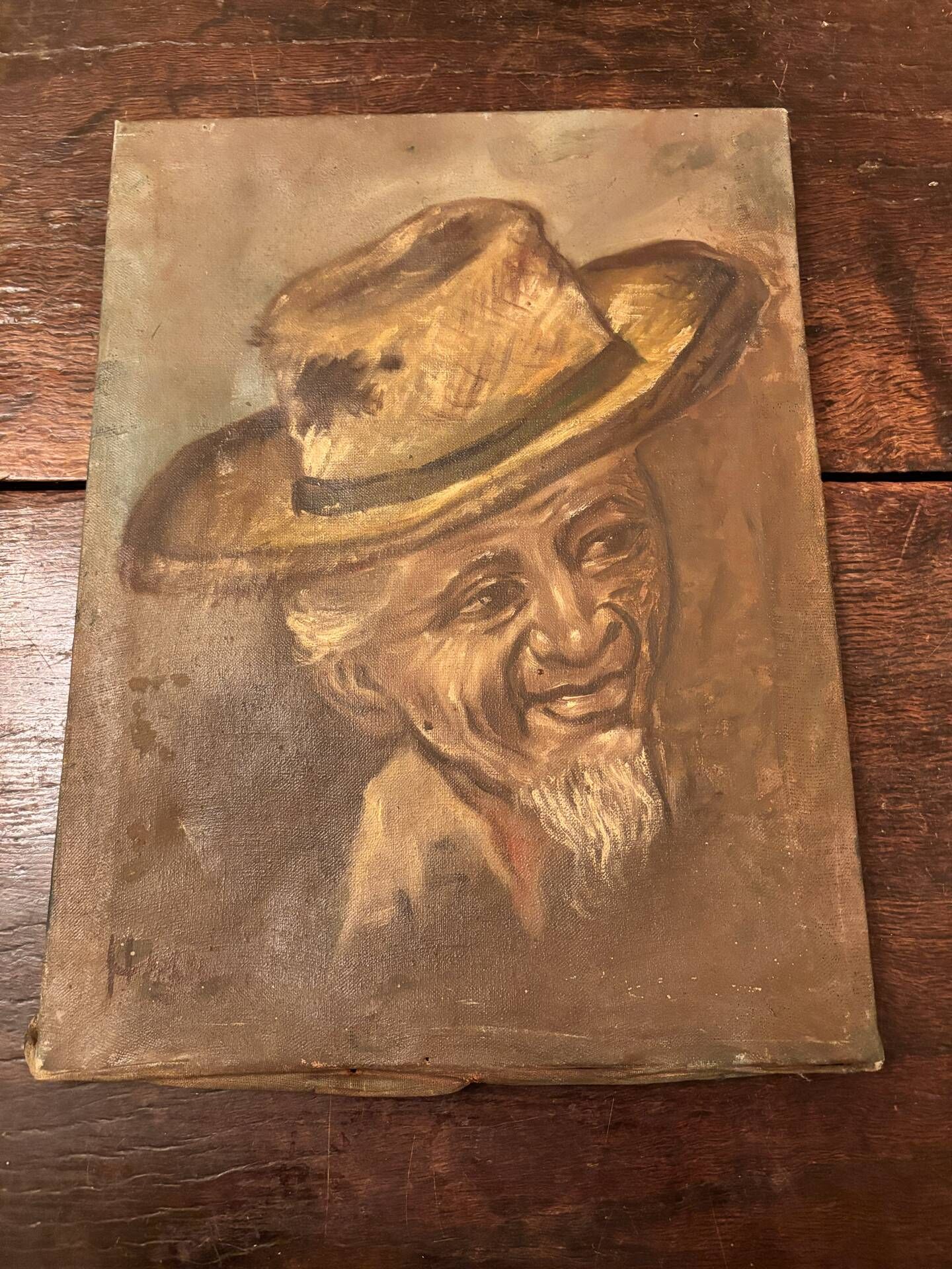 Old Table Oil on Canvas: Portrait of a Man in a Hat
