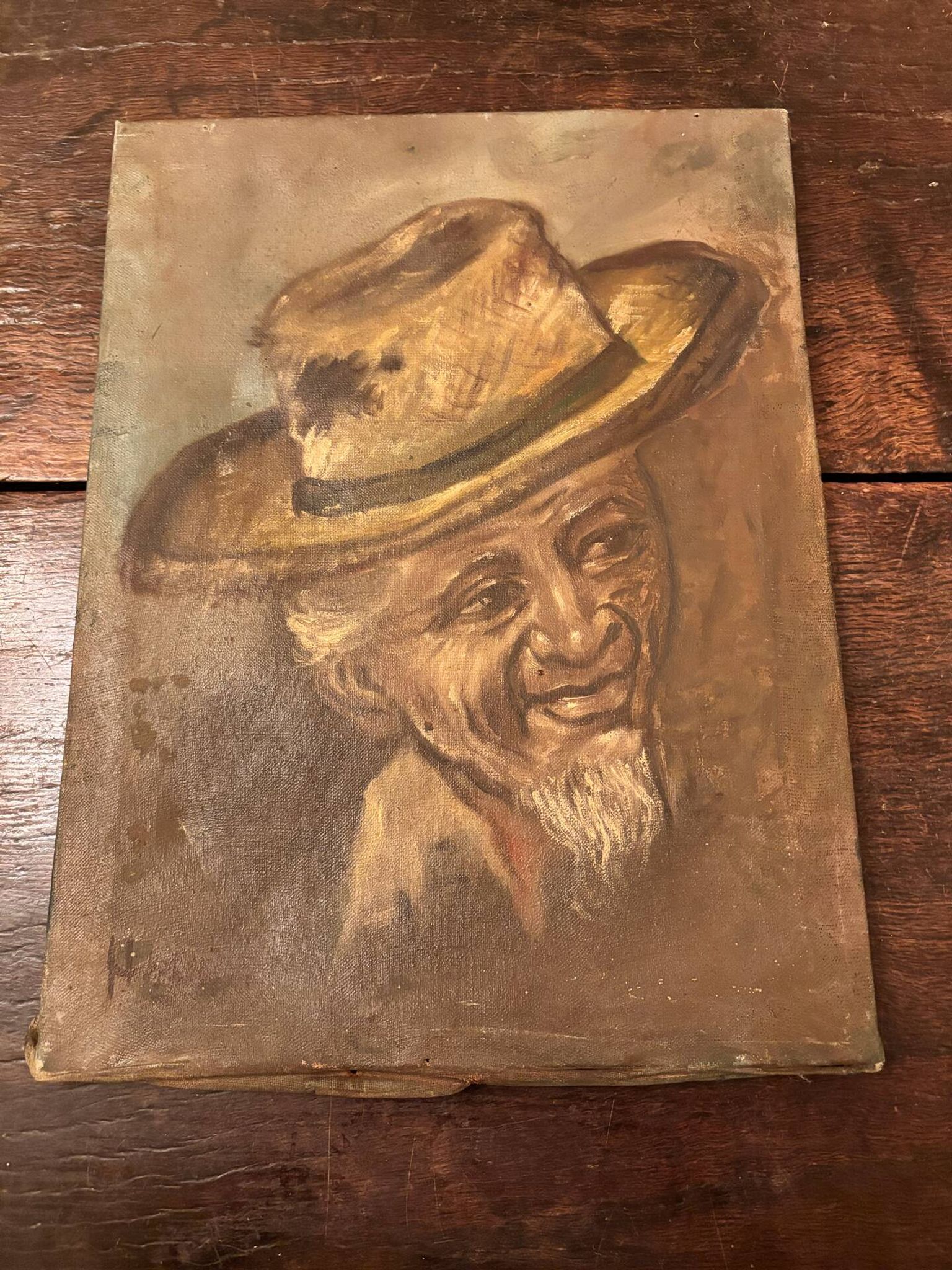 Old Table Oil on Canvas: Portrait of a Man in a Hat