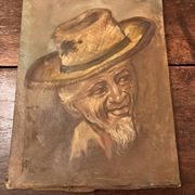 Old Table Oil on Canvas: Portrait of a Man in a Hat