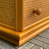 Chest of drawers and bedside table in rattan cane and oak, vintage 1970s