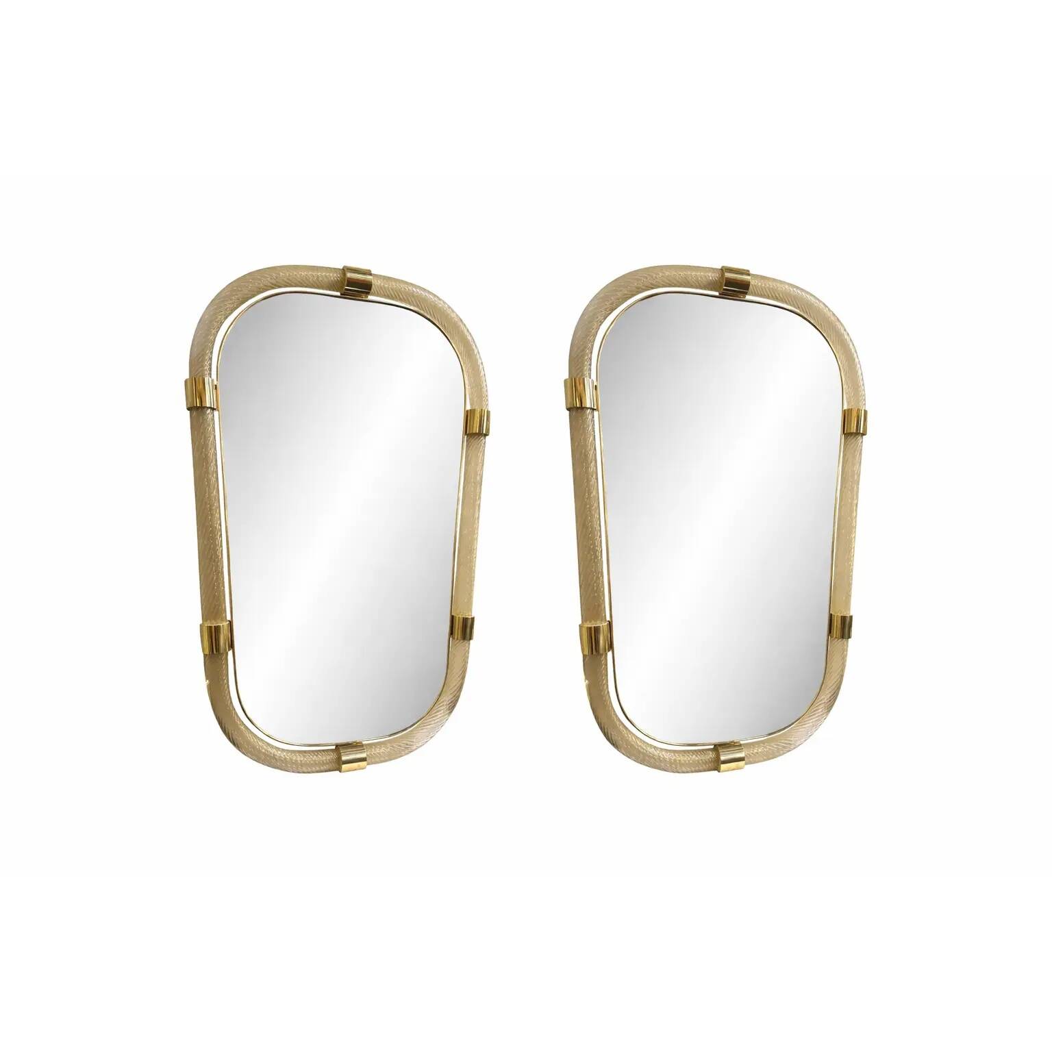 Pair of Gold Leaf Murano Glass Wall Mirrors, Italian "Torciglione" Design
