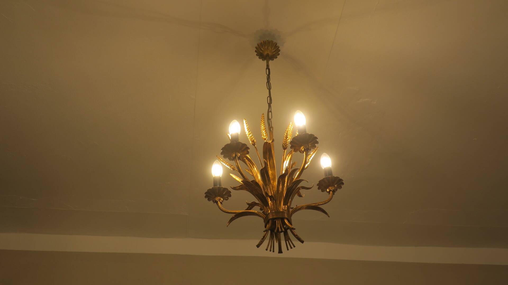 Gold plated tole wheatsheaf chandelier by Hans Kögl, 1960s