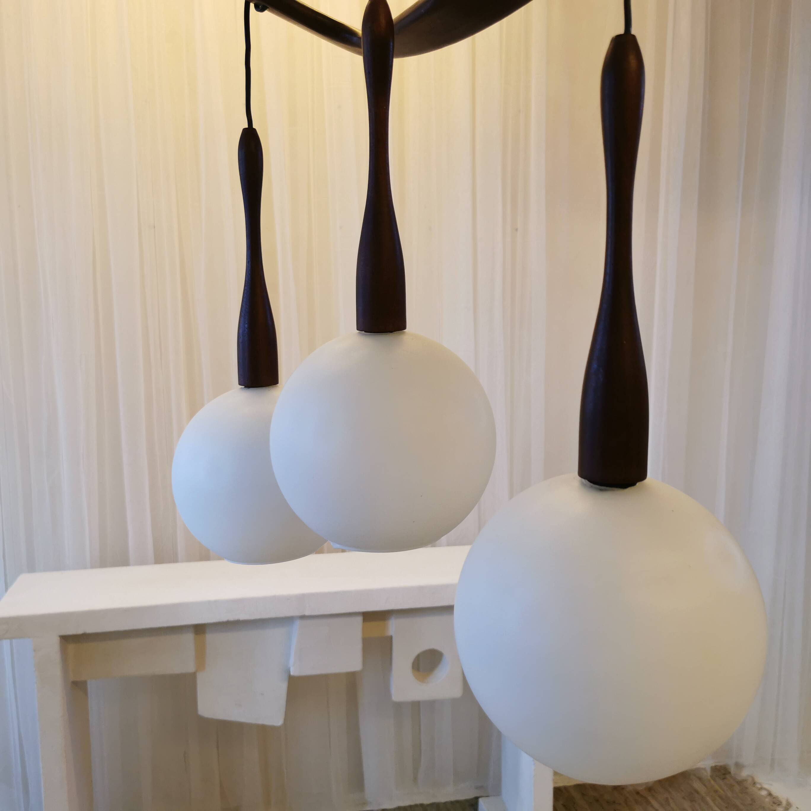 Teak and opaline chandelier