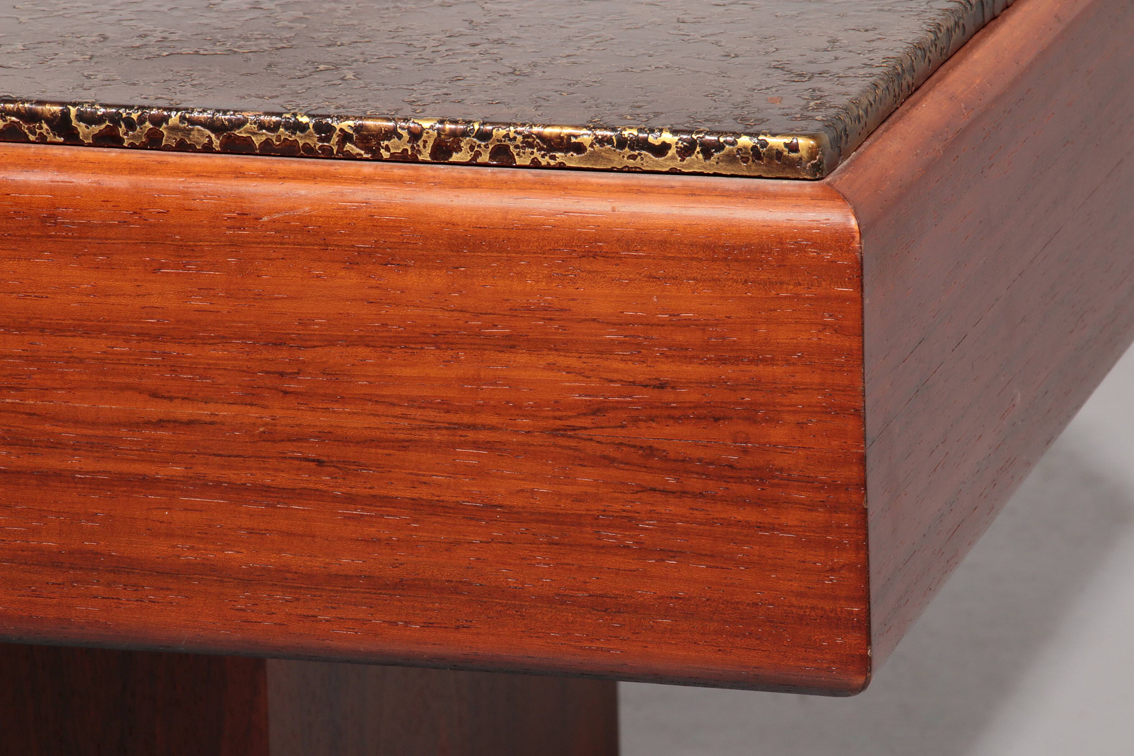Brutalist Coffee Table with Copper Top and Wooden Base 1970