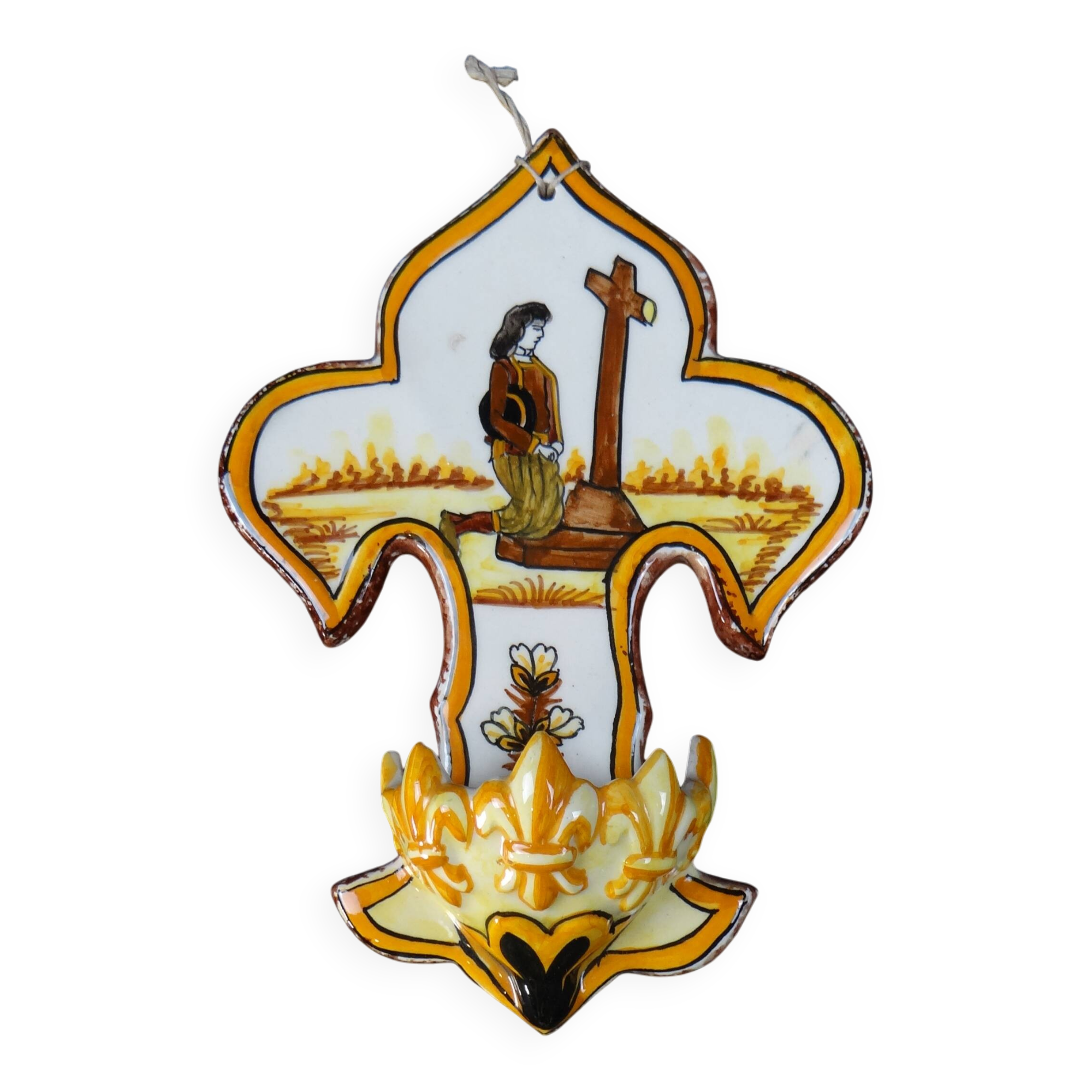 Polychrome earthenware holy water font signed Henriot Quimper from the 60s vintage