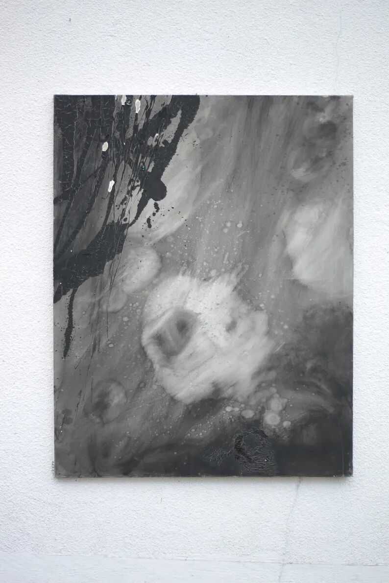 Large painting on canvas attributed to Nicole Cormier Vago, black and white canvas, wall decoration.