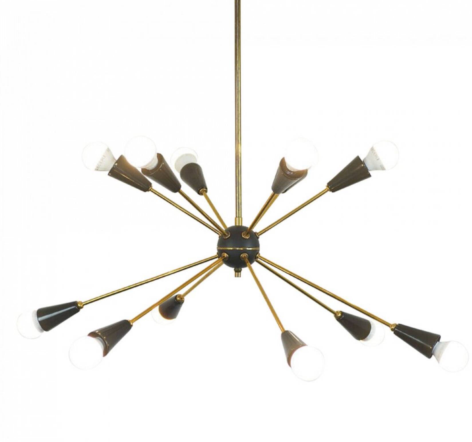 Lampadario Sputnik con 10 punti luce – Ottone e coni nero opaco, Italia, an