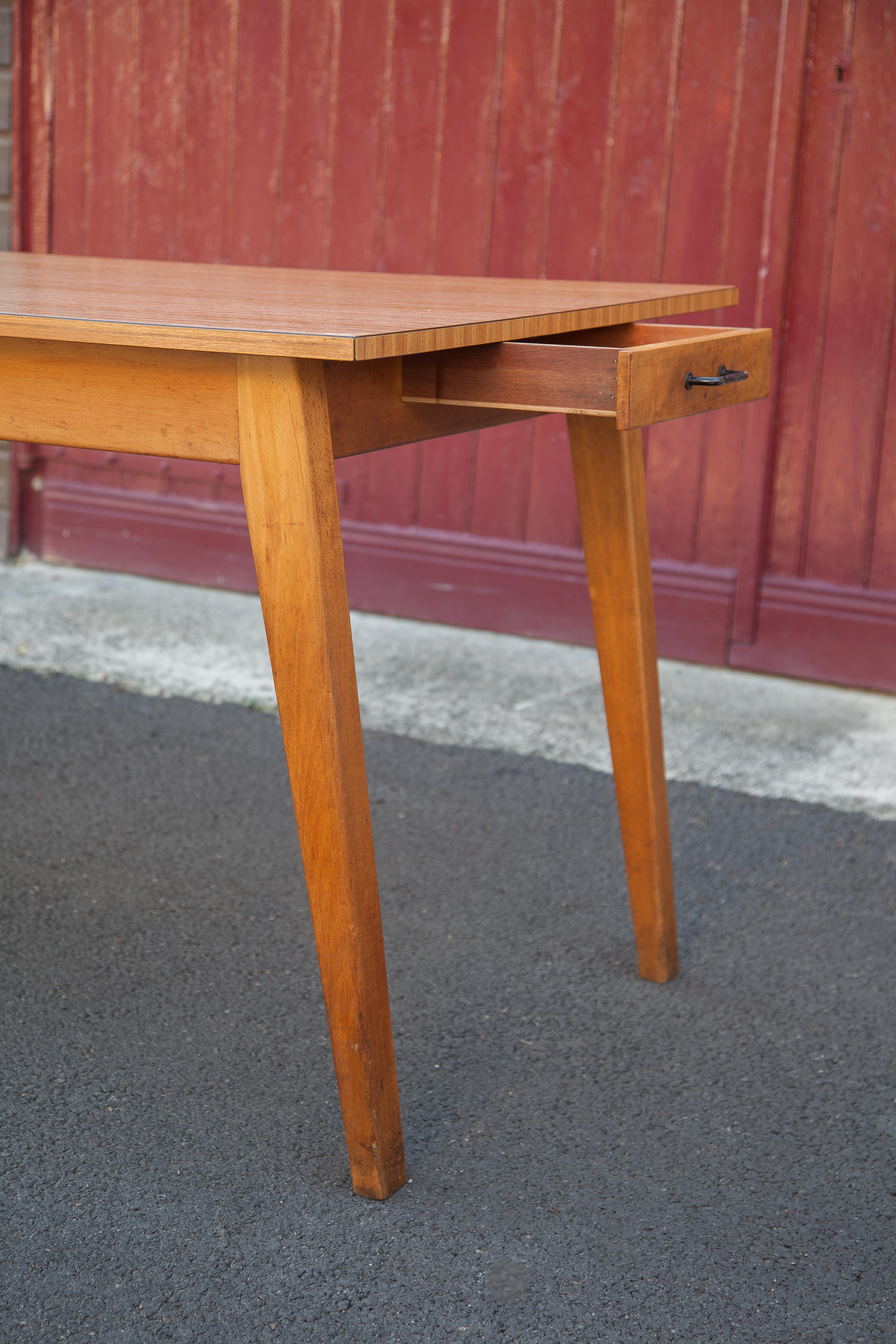 Antique dining table, wooden table and formica tray