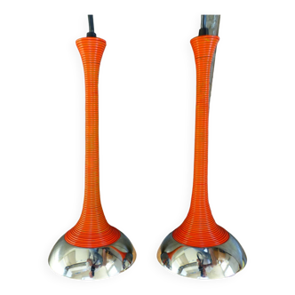 Pair of orange twisted metal pendant lights attributed to Angelo MANGIAROTTI