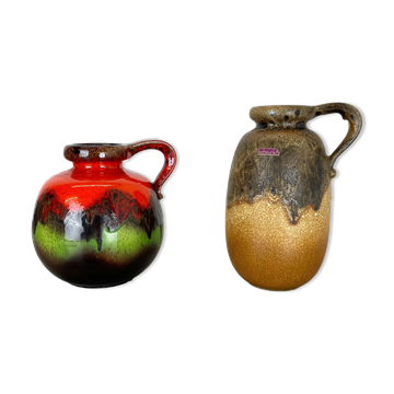 Set of Two Pottery Fat Lava Vases "Multi-Color" by Scheurich, Germany, 1970s