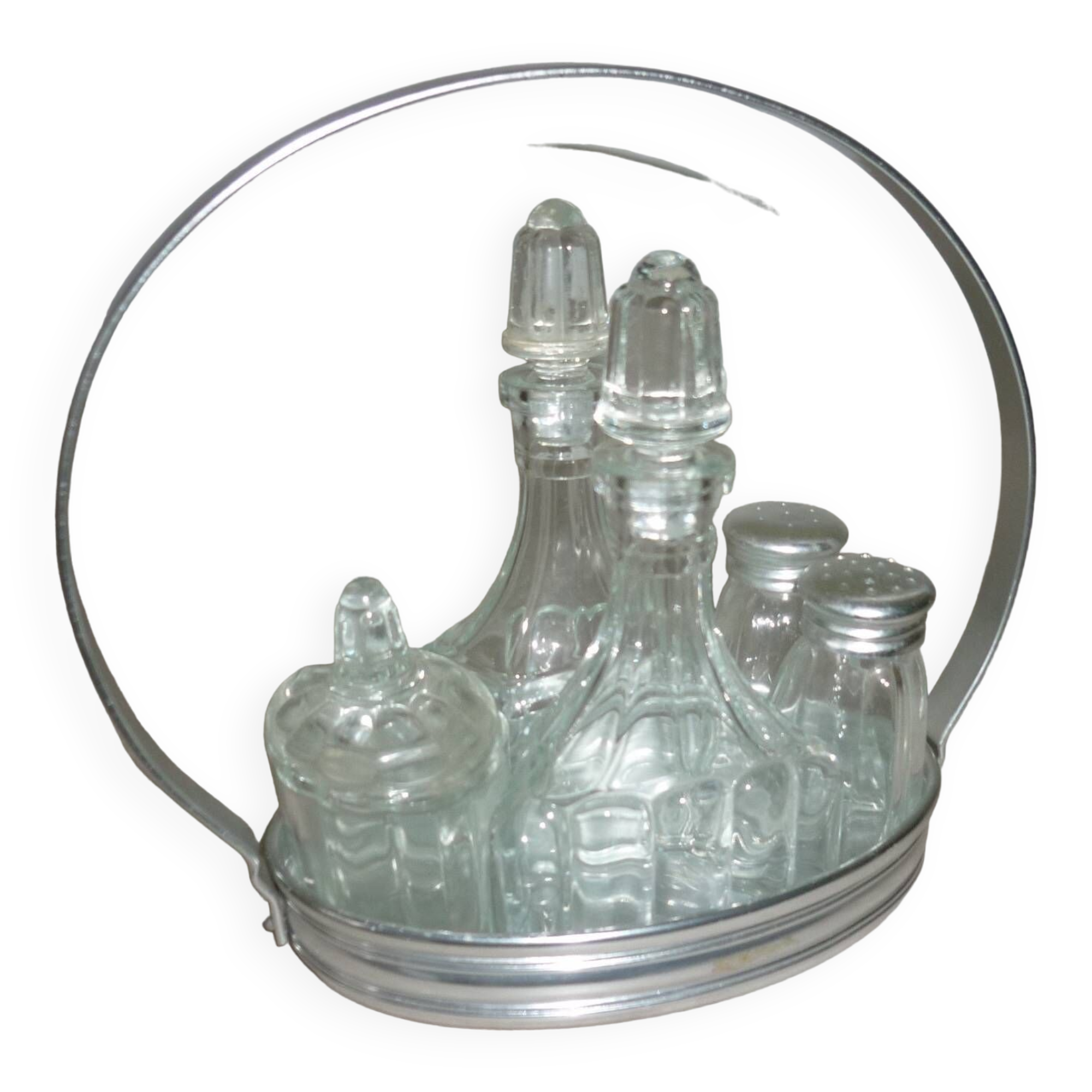 Oil vinegar salt pepper and mustard condiment server