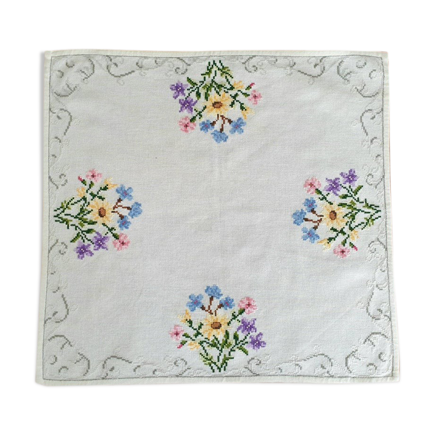 Delicate hand embroidered tablecloth with flowers, Romania