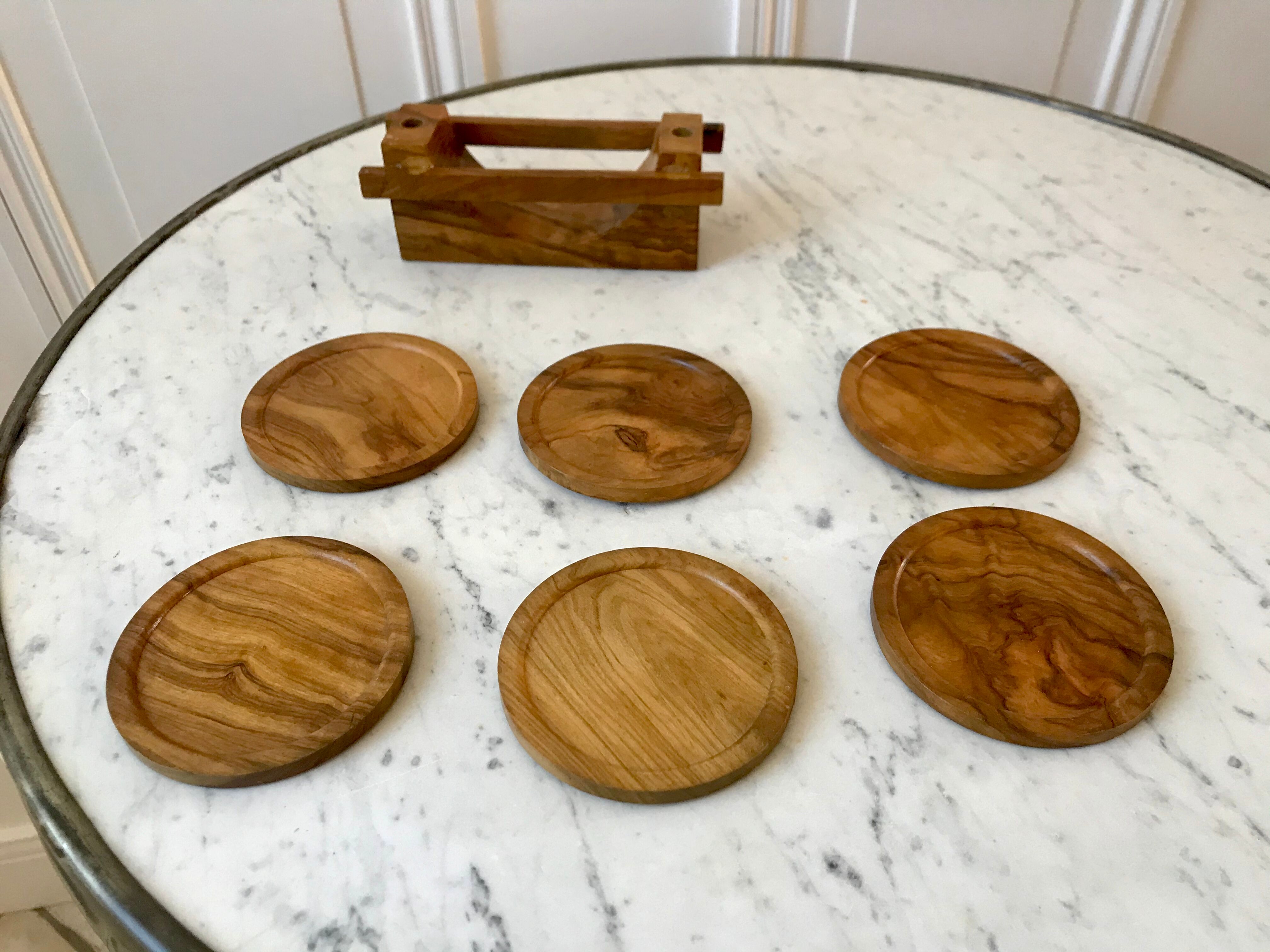 Set of 6 coasters in vintage olive wood 60s