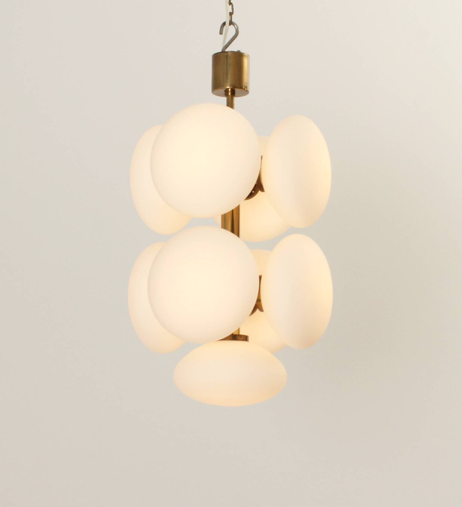 Brass and opaline Sputnik chandelier by Kaiser Leuchten, Germany, 1960s.