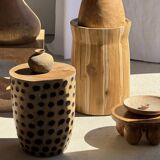 Stool, side table, cylindrical solid mango wood end table.